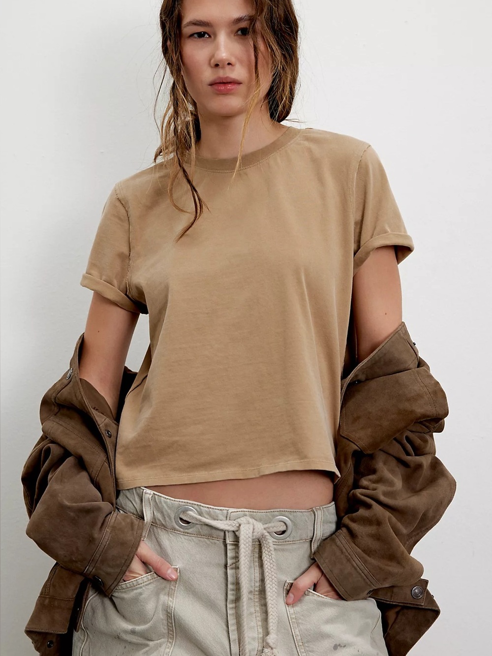 We The Free People Everyday Tee Rolled Sleeve T-shirt Tan Size Medium